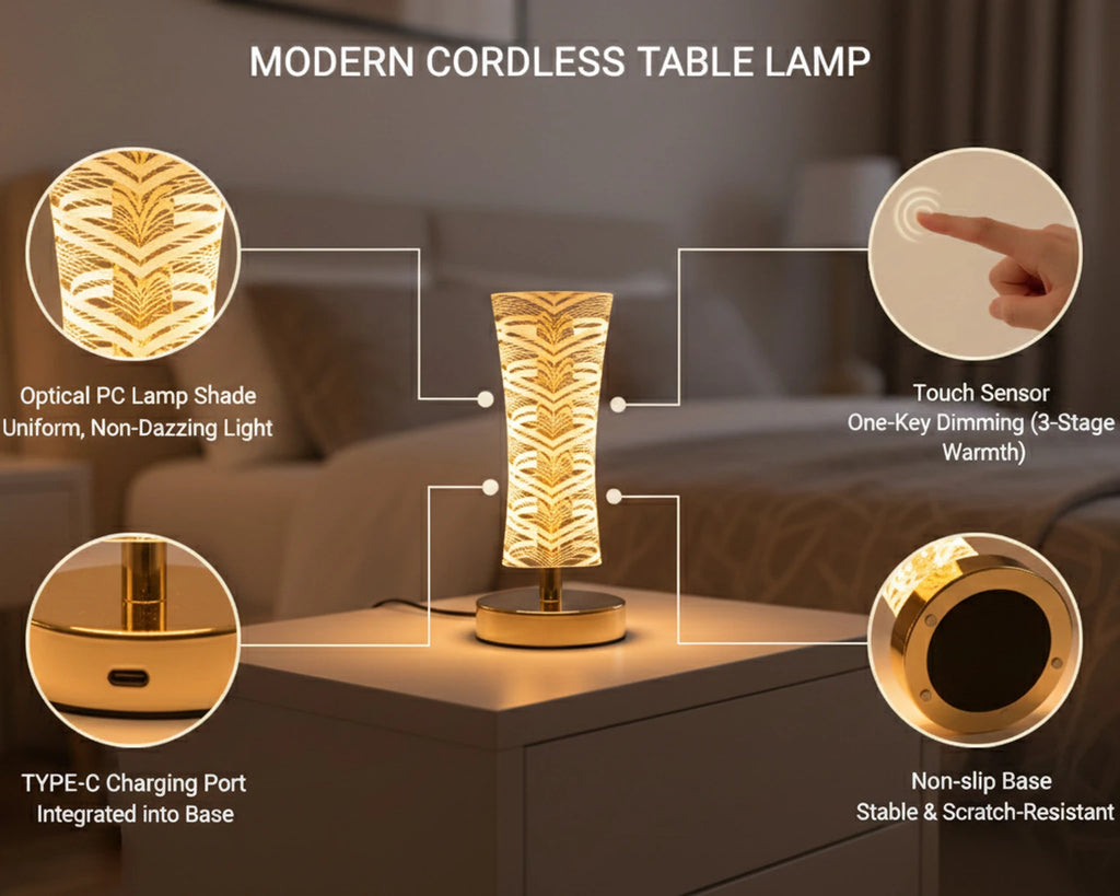 Modern Cordless Crystal LED Table Lamp – Touch Dimming Bedside & Ambient Night Light