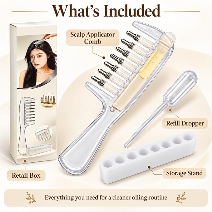 Hair Oil Applicator Comb with Built-In Serum Chamber & Massager Tips