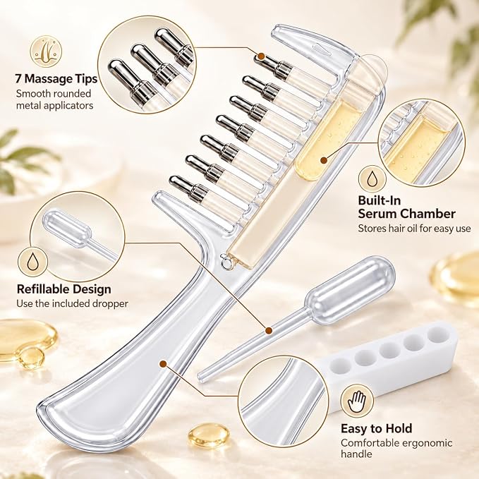 Hair Oil Applicator Comb with Built-In Serum Chamber & Massager Tips