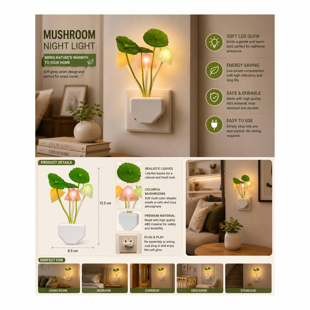 Smart LED Mushroom Night Light – Automatic Dusk-to-Dawn Plug-in Wall Lamp