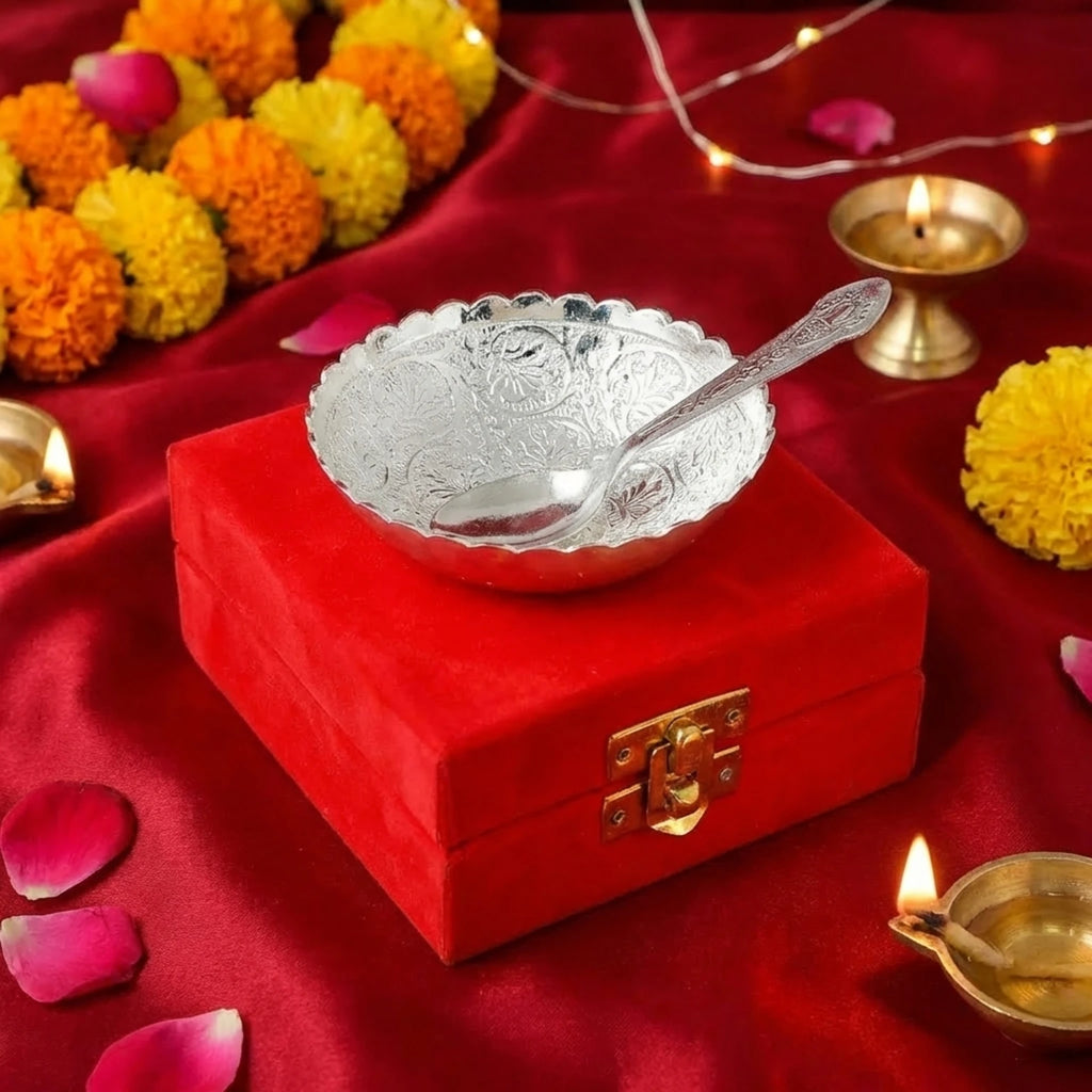 Silver Plated Bowl & Spoon Gift Set with Velvet Box