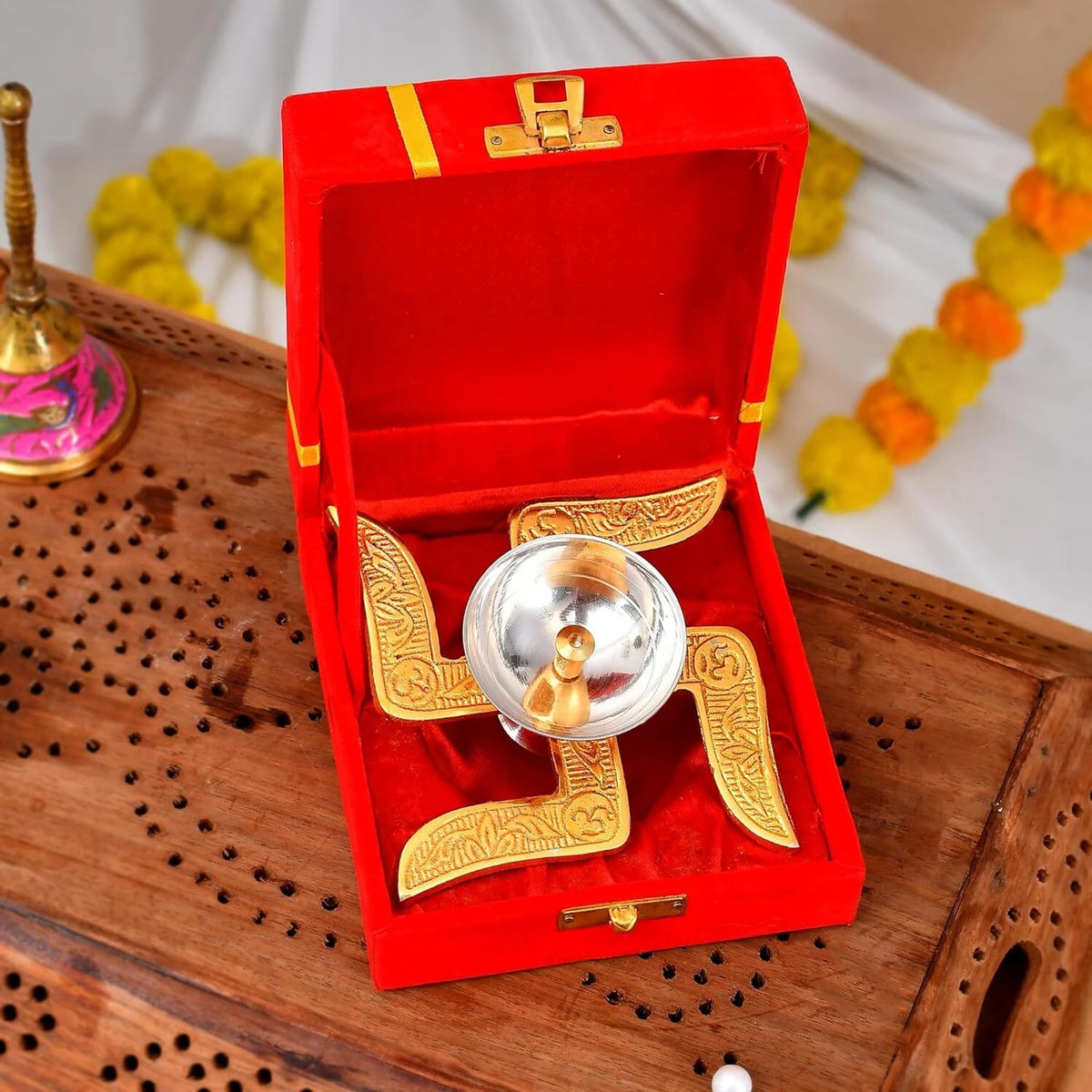 Iconic Swastik Diya with Velvet Gift Box – Gold & Silver Plated Om Engraved Pooja Diya for Diwali, Home Temple & Gifting