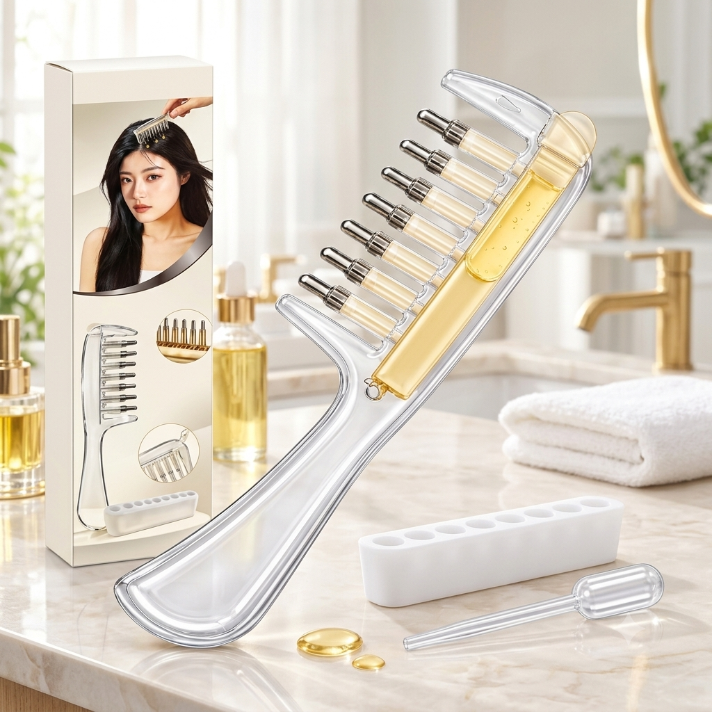 Hair Oil Applicator Comb with Built-In Serum Chamber & Massager Tips