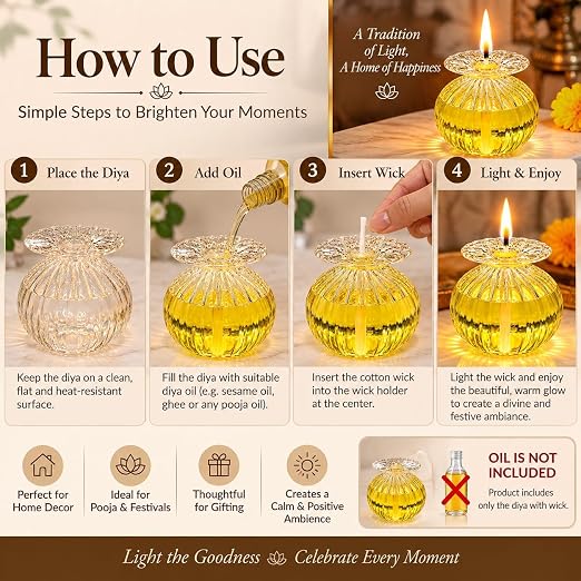 Glass Diya for Pooja | Reusable Oil Diya for Diwali Decor