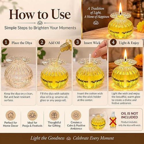 Glass Diya for Pooja | Reusable Oil Diya for Diwali Decor
