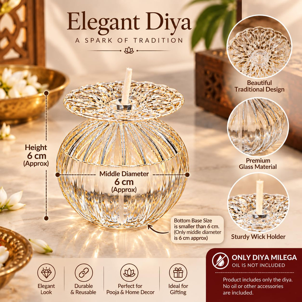 Glass Diya for Pooja | Reusable Oil Diya for Diwali Decor