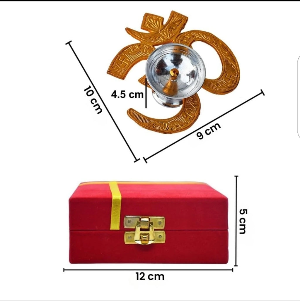 Om Diya with Velvet Gift Box | Gold & Silver plated Pooja Diya