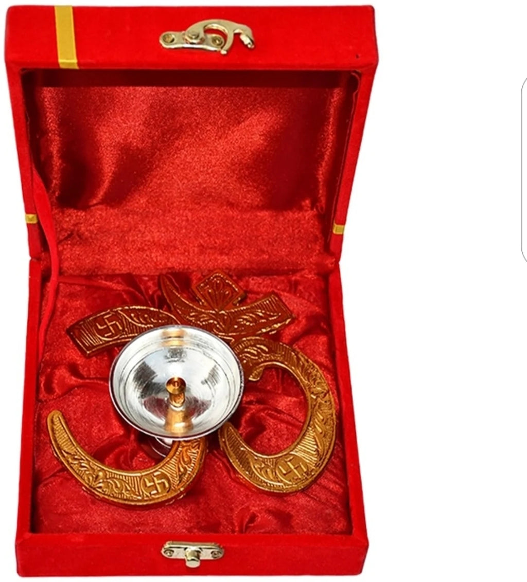 Om Diya with Velvet Gift Box | Gold & Silver plated Pooja Diya