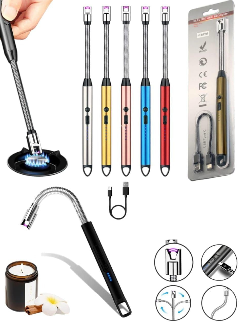 A collage showing a flexible LED torch light with a USB charging cable, including a hand holding the pen-style lighter, several color options (silver, gold, rose gold, blue, red), the retail packaging, a USB cable, and feature callout icons on a white background.
