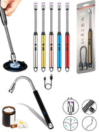 A collage showing a flexible LED torch light with a USB charging cable, including a hand holding the pen-style lighter, several color options (silver, gold, rose gold, blue, red), the retail packaging, a USB cable, and feature callout icons on a white background.